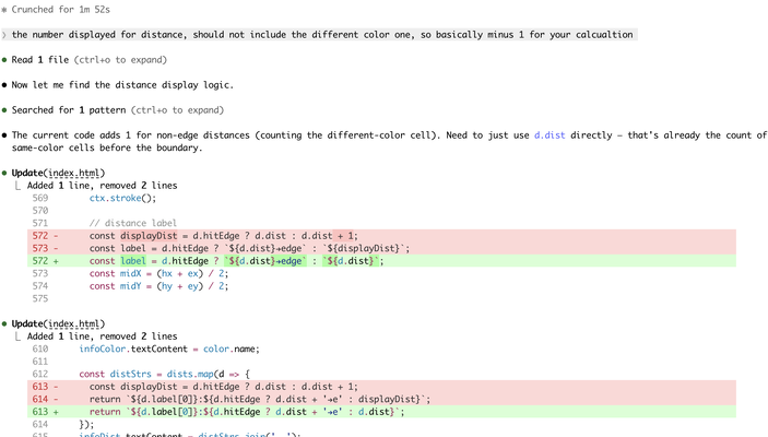 Claude Code terminal session showing a code diff that fixes the distance label logic