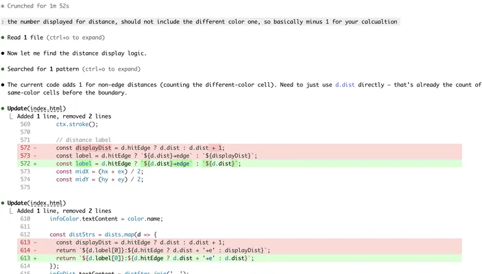 Claude Code terminal session showing a code diff that fixes the distance label logic