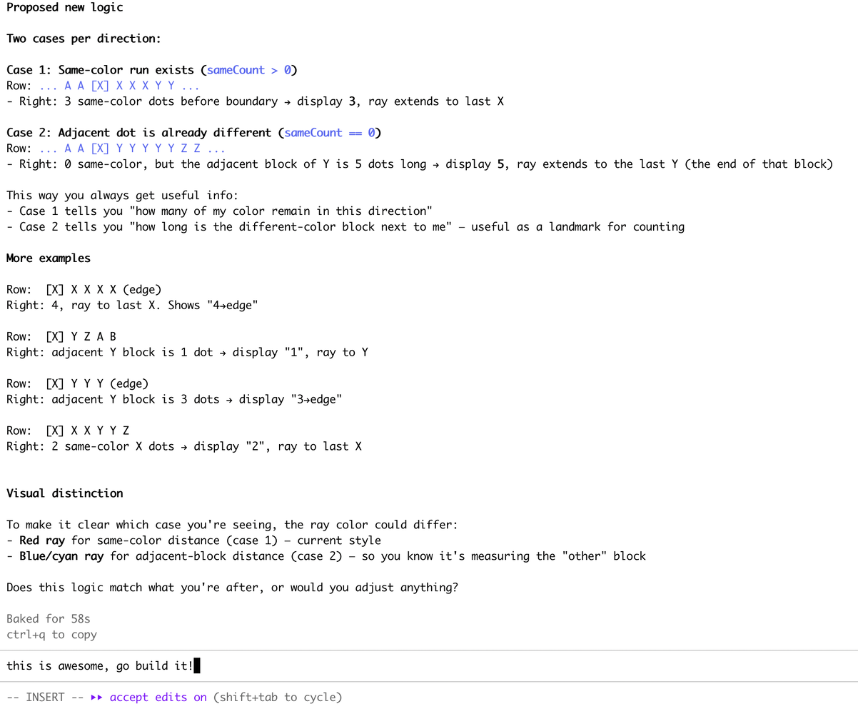 Claude Code terminal session proposing new distance logic, with the reply 'this is awesome, go build it!'