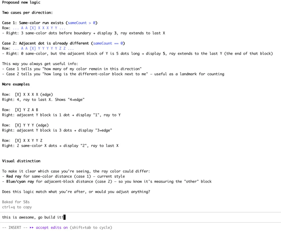 Claude Code terminal session proposing new distance logic, with the reply 'this is awesome, go build it!'