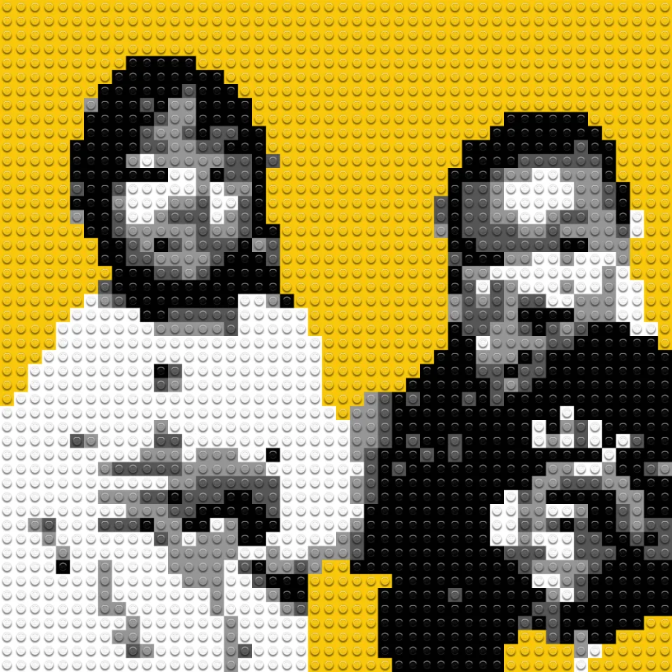 Finished Lego mosaic preview of two faces in black, white, and yellow bricks