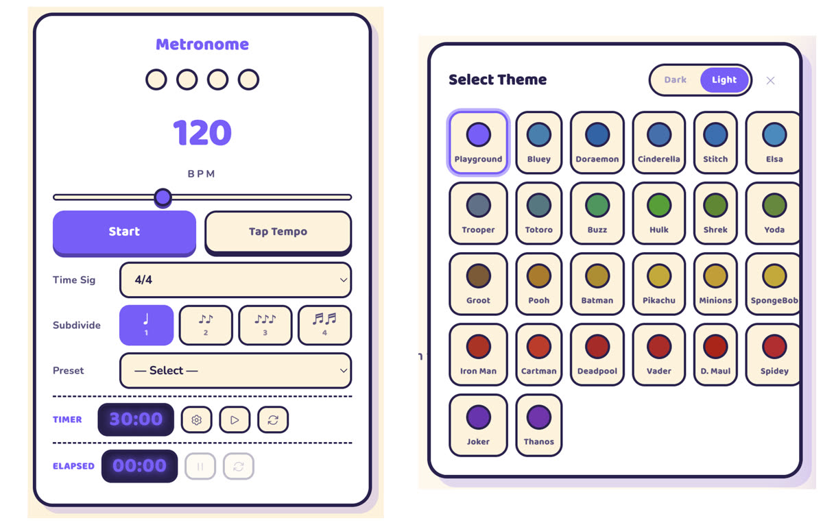 Metronome and theme picker in Music Practice Stage