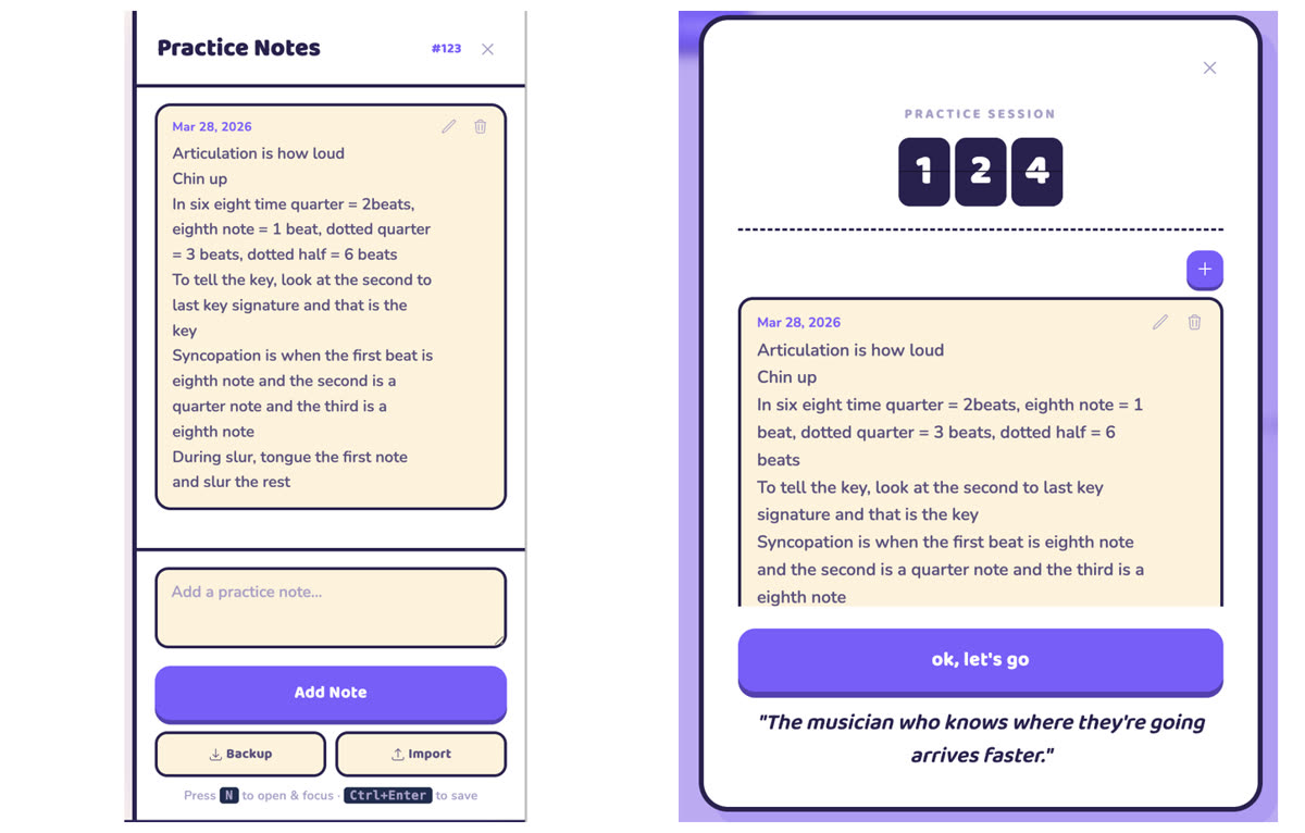 Practice notes and session view in Music Practice Stage