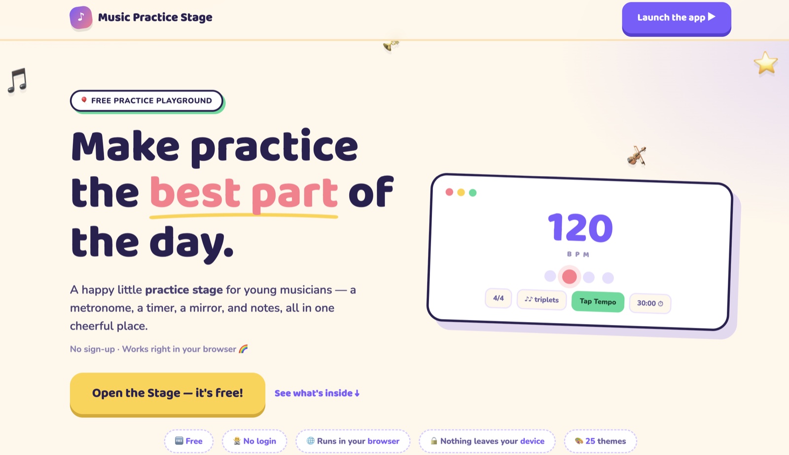 Music Practice Stage landing page